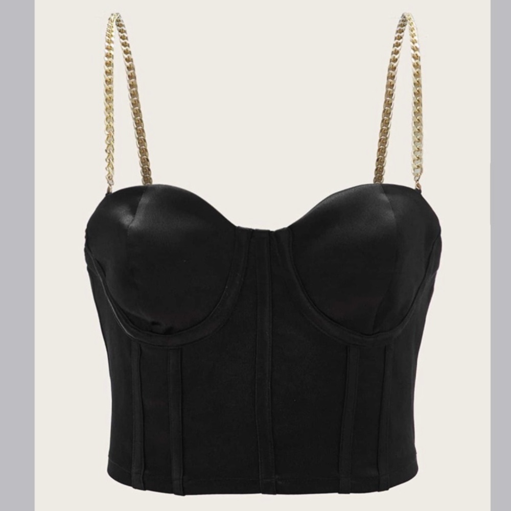 Shein Black Satin Bustier Gold Tone Chain Straps Underwire Cami Top EUC Medium